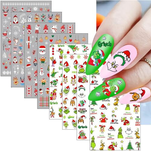 Nagelsticker Weihnachten,8 Blatt Grinch Nail Sticker Weihnachten,Weihnachtsmann Nagelaufkleber Weihnachten Nagel Sticker,Grinch Deko Weihnachtssticker Nägel