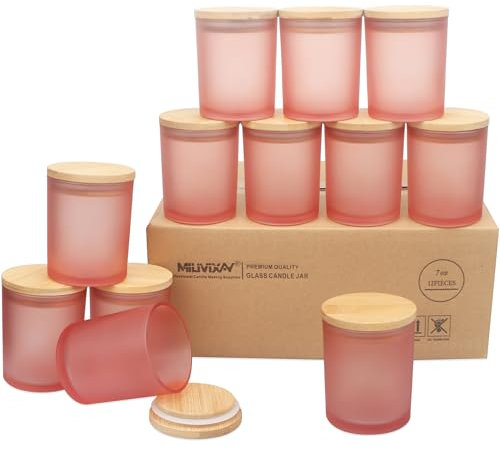 MILIVIXAY Lot de 12 pots à bougies vides en verre épais rose mat de 200 ml avec couvercles pour la fabrication de bougies – Récipients à épices, poudre