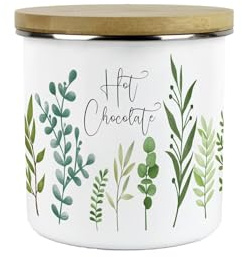 Purely Home Green Leaves Hot Chocolate Storage Canister - Vibrant Foliage Kitchen Decor Gift - Metal/Enamel Hot Drinks Storage Container