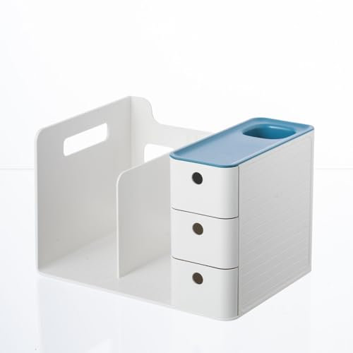 HKeeper Klassischer Schreibtisch-Organizer aus weißem Kunststoff, 2 Bücherhalter mit 3 Schubladenboxen, 1 Stifthalter (Weiß + Blau)