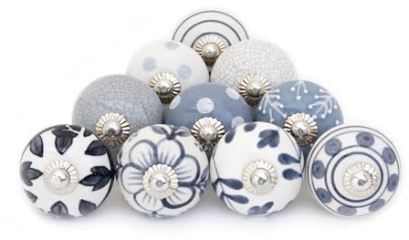 ETHNICITI 10 x Grey & White Handmade Ceramic Door Knobs for Cupboards Drawers Cabinets Wardrobe Assorted Vintage Shabby Chic Kitchen Bedroom Living Room Furniture Dressers Pulls Handles Home Decor