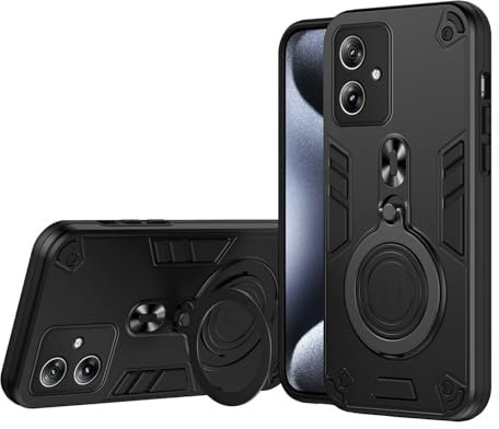 ILING Funda para Motorola Moto G54 5G, Ultradelgado Mate Antigolpes Carcasa, Dura PC + Silicona TPU Bumper Armadura Cubierta con 360° Metal Anillo Soporte (Negro)