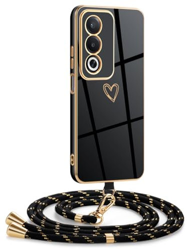 Mkej Cover per OPPO A80 5G con cordino, Placcatura Silicone Cuore amore Custodia con Cordino, con Regolabile Staccabile laccio Case per OPPO A80 5G, Oro nero