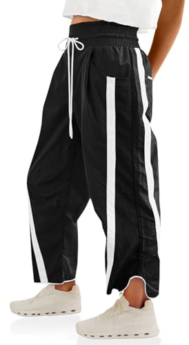 Fisoew Women's Baggy Wide Leg Pants Casual Drawstring Elastic Waisted Contrast Color Workout Y2K Track Pants Black
