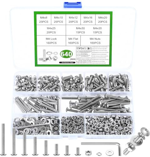 640 Piezas Juego de Tornillos M4, Tornillo Allen M4, Tornillos y Tuercas y Arandelas Set, Tornillos de Cabeza Hexagonal con Tuercas, Tornillos de Cabeza Hueca Hexagonal de Cabeza Redonda y Tuercas