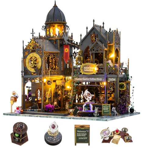 HIGSPE Miniatur Haus Kit, DIY Miniatur Puppenhaus mit Möbeln und LED-Licht, Modellbausätze für Erwachsene zu Bauen Magische Stadt,3D Miniatur Haus Selber Bauen für Teenager und Erwachsene
