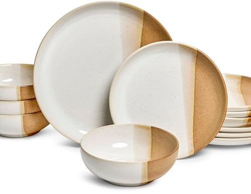 Sango Phoebe 12-teiliges mehrfarbiges Steingut-Geschirr-Set – Service für 4 Personen, Teller und Schüssel-Set, Karamell-Steingut mit einer rustikalen weißen Glasur, für das tägliche Essen und