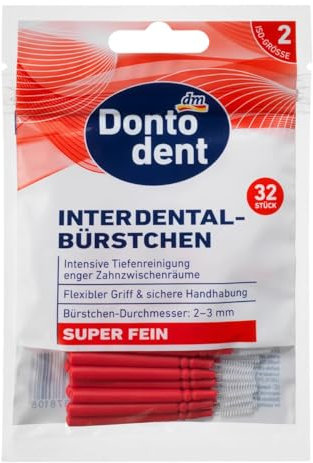 Dontoden Interdentalbürsten Rot 0,4 mm ISO 2 – Extra feine Bürsten für gründliche Reinigung enger Zahnzwischenräume, 1 Pack (32 Stück). Mundhygiene, Zahnpflege, Zahnzwischenraumbürsten