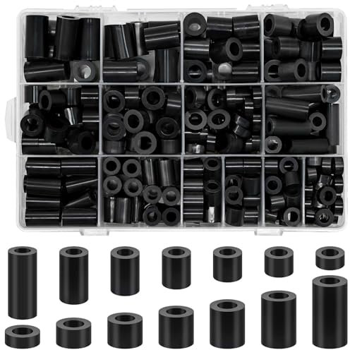 Meafeng 300 Pezzi ABS Rondelle Plastica Nero 14 Taglie, M6 M8 Distanziali in Plastica con scatola portaoggetti, Non Filettate Distanziatori Isolanti per Viti e Circuito Stampato