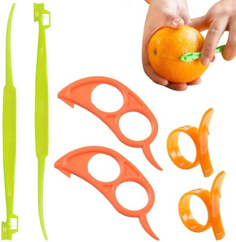 WOLMIK 6 Stück Orangenschäler aus Kunststoff, Zitronenschäler Pomelo-Schäler, Obst Schälwerkzeug, 3 Verschiedene Formen, Maus und Langer Griff, für Einfaches und Bequemes Schälen (Grün und Orange)