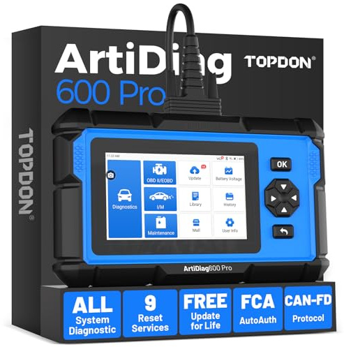 TOPDON ArtiDiag600 Pro, OBD2 Scanner Diagnostic Tool for All Systems | Code Reader Scan Tool with 9 Services, Live Data, CAN-FD, FCA/Nissan/Renault /VAG/SFD SGW, Lifetime Free Updates