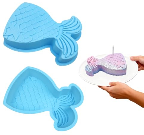 JURENEE Moule à Gâteau Sirène de Bleu Clair, Moule en Silicone Sirène, Moules Forme Queue Sirène Créatif, Design Réaliste, Facile à Utiliser, Couleurs Vives, Adapté à la Pâtisserie DIY