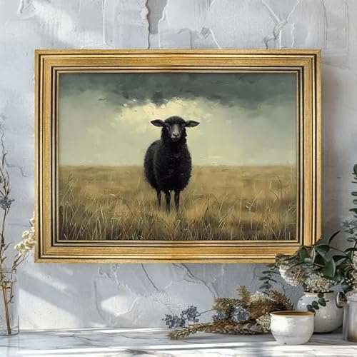 LZJAGXX Vintage-Gemälde mit schwarzem Schaf auf Leinwand – Landhaus-Wandkunst, Tierporträt, Bild für Wohnzimmer, Hausdekoration (30 x 40 cm/auf Leinwand gewickelt)