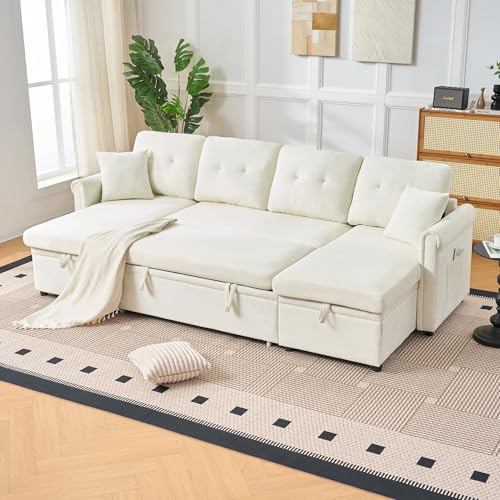 Bladez U-Form Ecksofa mit Schlaffunktion & Bettkasten | Großes 4-Sitzer Schlafsofa mit Stauraum | Samtstoff Bezug | 266 cm Breite | Extra Tiefe Sitzfläche | Für Wohnzimmer(Beige-C, 4 Sitzer)