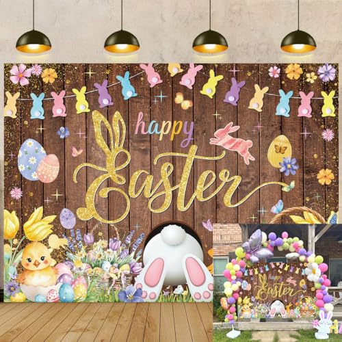 Happy Easter Photography Backdrop 7x5FT Spring Bunny Flowers Wooden Wall Background Easter Party Decorations Supplies Photo Props