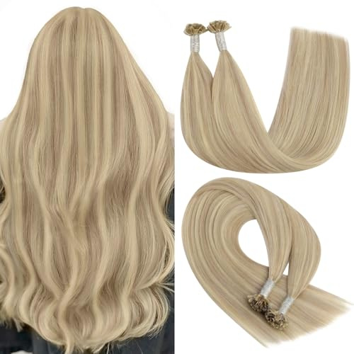 YoungSee Extensions Echthaar Bondings Blond,Keratin Bondings Extensions Echthaar Aschblond mit Platinblond,U Tip Hair Extension Glatt,Bonding Extension-Echthaar 40 cm,40g,18/613