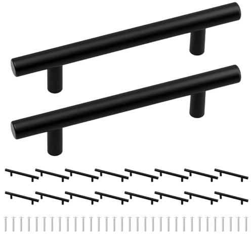 Flhlxzm Black Kitchen Cupboard Door Handles, 16 Pcs 96mm Hole Stainless Steel Cupboard Handle with Screws Center T Bar Kitchen Handles Pulls for Cabinets Drawers Wardrobes Bathroom Cabinets