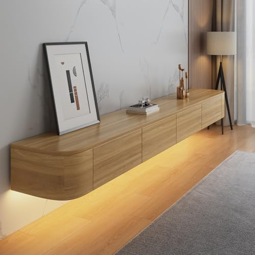 Aipunlus Wall Mounted TV Unit, Floating TV Stand Cabinet, Wood Floating TV Cabinet with Doors in Media Wall Unit, Entertainment Storage TV Console for Living Room and Office (Wood-LED, 180cm)