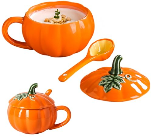 Yeaxxsqy Taza de calabaza de Halloween con tapa y cuchara de cerámica resistente al calor con mango ergonómico para desayuno de café con leche