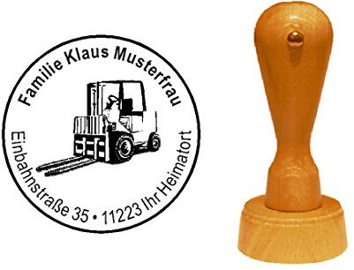 Stempel mit Adresse und Motiv Gabelstapler runder Adressstempel aus Holz Ø 40 mm | Dekolando