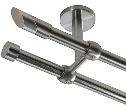 BASIT Gardinenstange Deckenmontage 2 läufig 240cm lang Edelstahl Look Metall Gardinenstange 2 läufig Deckenbefestigung Ø16mm I 120-600cm wählbar D21