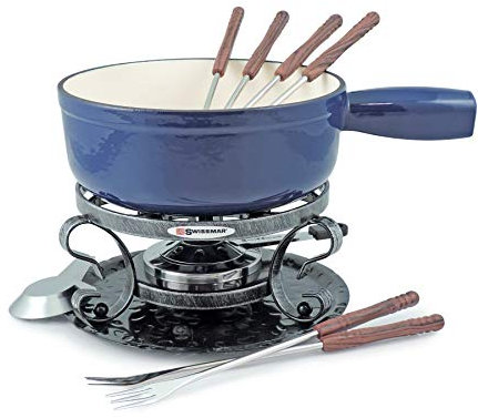 Swissmar Lugano Cast Iron Cheese Fondue Set, 9-Piece, 2 QT / 2 L - Ideal for Melting Cheese, Chocolates, Caramel, & More - Perfect for Kitchen Collection & Gift Giving - Deep Blue
