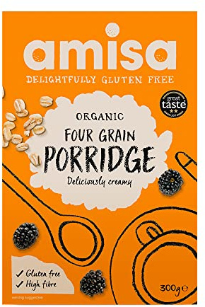 Amisa Organic Gluten-Free Four Grain Porridge 300g, Pack of 3 | 100% Organic Four Grain Blend, High in Fibre, Naturally Gluten Free, Vegan Friendly Breakfast Cereal