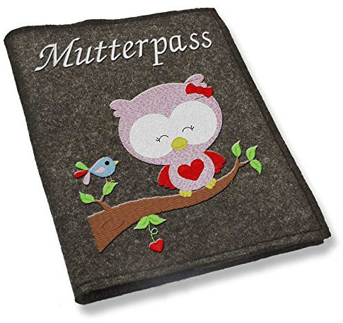 Mutterpass Mutterpasshülle Filz Eule Vogel bestickt Farbwahl schwarz weiß grau rot blau lila pink grün gelb türkis rosa Handarbeit (dunkelgrau)