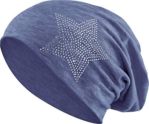 Jersey Baumwolle elastisches Long Slouch Beanie Unisex Herren Damen mit Strass Stern Steinen Mütze Heather in 35 (2) (Heather Grey-Blue)