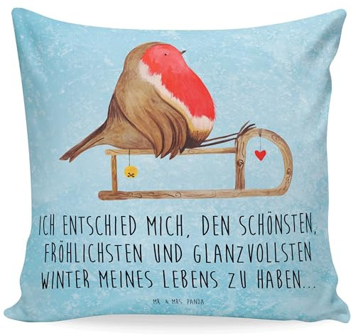 Mr. & Mrs. Panda Sitzkissen Rotkehlchen Schlitten - Geschenk, Sofakissen, Winter, Advent, Wintermotiv, Couchkissen, Vogel, Weihnachten, Zierkissen,