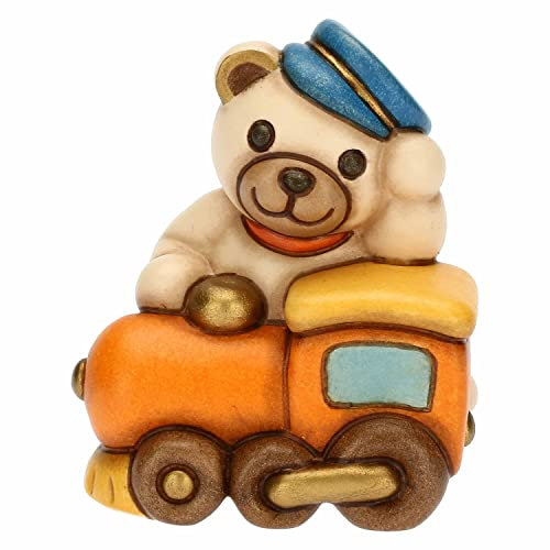 THUN, Bomboniera Teddy Motors su Trenino in Ceramica Decorata a Mano, Linea Bomboniere, 5.4x4.5x6.5 cm h