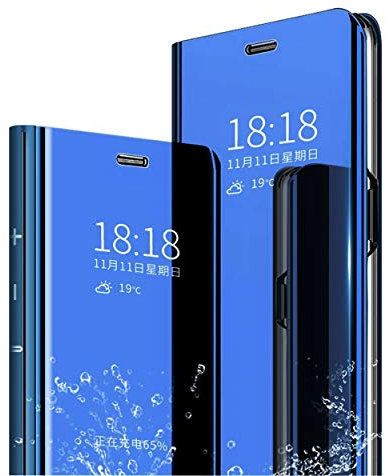 MLOTECH Schutzhülle für Samsung A50, Flip Clear View Transparent Spiegel Cover + Hartglas Displayschutzfolie 360° Standing Schutzhülle Stoßfest Smart Cover Bumper Himmelblau