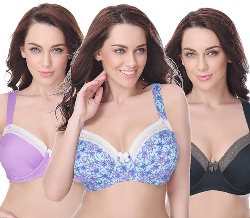 Curve Muse - Reggiseno in Cotone con Balconcino Sfoderato con Ferretto e Taglie Forti da Donna-Confezione da 3-Grigio Scuro,Lavanda,Stampa Blu-5C