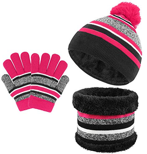 TAGVO 3in1 Inverno Berretto Scaldacollo Guanti Set per Bambini, Inverno in Pile Addensato Cappello a Maglia Termica Sciarpa Guanti Set, per Bambini Ragazzi Ragazze,3-6 Anni,Set di Accessori Invernali