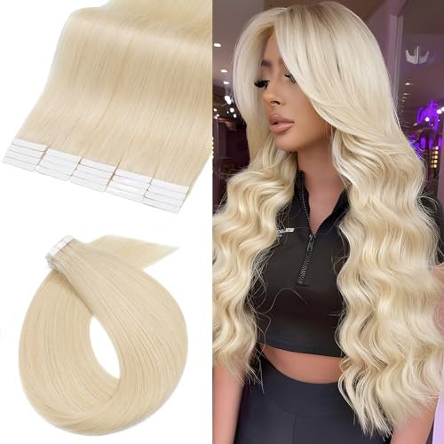 UK-Fashion-Shop Tape Extensions Echthaar 40 Tressen 100g Echthaar Extensions Tape In Haarverlängerung Glatt #60 Platinum Blonde (20zoll-50cm)