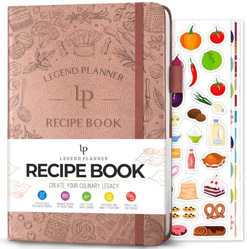 Libro de recetas Legend – Libro de cocina familiar en blanco para escribir en tus propias recetas – Diario de cocina vacío – Cuaderno de cocina personalizado, tapa dura, tamaño A5, 58 recetas en