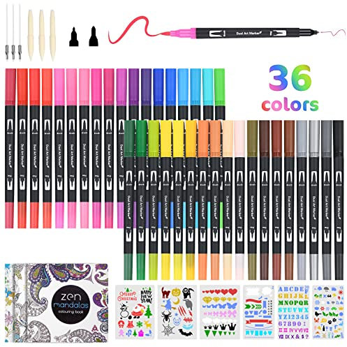 Vicloon Dual Brush Pen Set,36 Farben Filzstifte Dicke und Dünne mit 3 Sätze Ersatznachfüllungen,Pinselstift Set Fasermaler,Tinte auf Wasserbasis Doppelfilzstifte Für Zeichnen, Aquarell, Kalligraphie