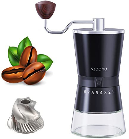 Vzaahu Manual Coffee Grinder, with Adjustable Coarseness 8 Level, CNC Stainless Steel Conical Burr Core, Black, Portable Mill for Home Office