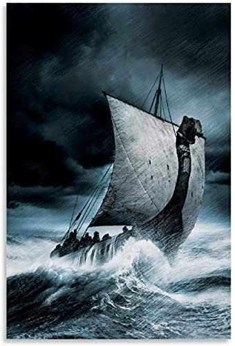 Iooie Leinwand Malerei Bild Wikingerschiff im Sturm für Veranda Dekor Poster Wandkunst Bilder Und Drucke 19.7x27.6(50x70cm) Kein Rahmen