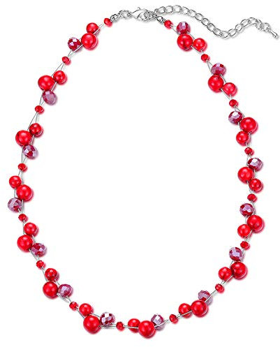 Bulinlin Damen Kristall Perlenkette Silber Boho Statement Choker Halskette für Frauen Modeschmuck Geburtstagsgeschenke(Red )