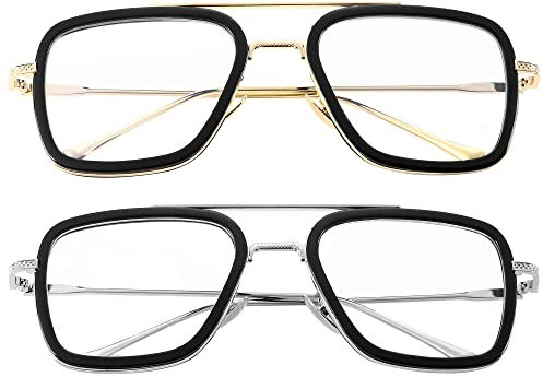Onrtry Tony Stark Blue Light Blocking Glasses for Men Women Retro Metal Frame Iron Man Spider-Man Eyeglasses, A5 Gold Black Frame+silver Black Frame, M