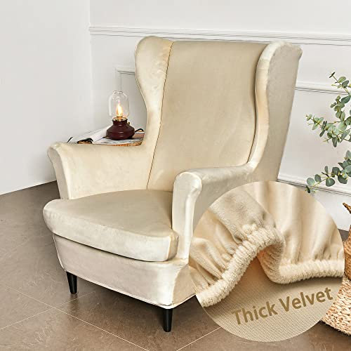 Highdi 2-Teilig Ohrensessel Überzug, Sessel-Überwürfe Ohrensessel Mode Einfarbig Samt Schonbezüge Bezug Sesselhusse Strandmon Tiger Stuhlbezug mit Armlehne Hohe Rückenlehne (Beige)