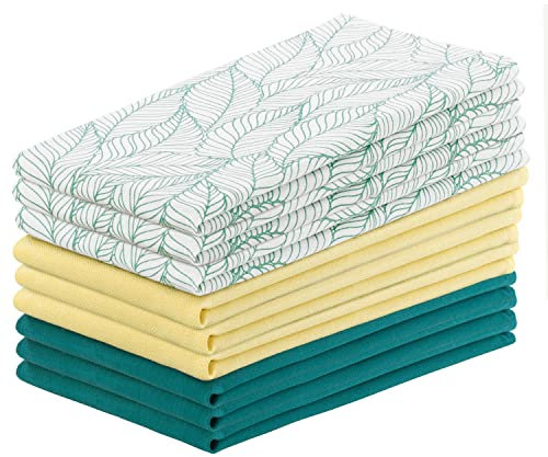 AmeliaHome 9er Set Geschirrtücher Baumwolle Küchentücher 50x70 cm Blätter Muster Letty Türkis Gelb