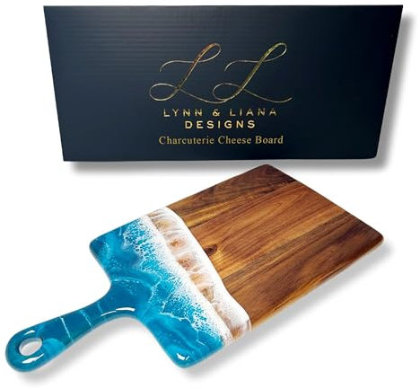 Lynn & Liana Medium Acacia Cheese Board | Wood Resin Cutting Board | Luxury Charcuterie Board for Serving | Handmade Cutting Board | 8 In x 16 In - Ocean Vibes