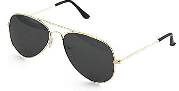 Komonee Pilot Style Gold Frame with Black Lens Sunglasses Designer Unisex Mens Womens UV400 Classic Shades Great For Cycling Golf Fishing Sports