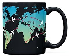 Heat Colour Changing World Map Mug with Planes for Travellers and Aviation Enthusiasts, Ceramic Mug, Travel and Airplane Gift