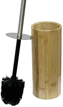 Toilet Brush and Holder Wood Round Base with Stainless Steel Handle - Exchangeable Brush Head, Easy to clean