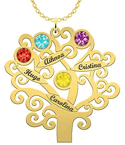 Collar Árbol de la Vida Personalizado Plata Chapado en Oro 18k - Colgante Nombre Dorado - Regalo Joya Navidad, Aniversario, Día de la Madre - Ideas Regalos Cumpleaños Mujer, Madre, Abuela (4 Nombres)