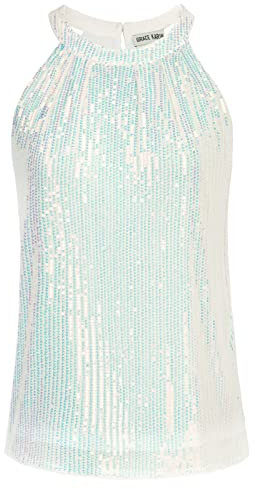 Damen Ärmellose Tank Tops Pailletten Bluse T-Shirt Rundhals Casual Oberteile Weiß Bunt L CL1792A22-08
