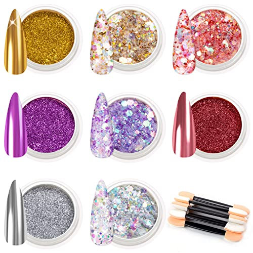 MELLIEX 8pcs Glitter per Unghie Effetto Specchio Polvere per Unghie Glitter Flakes Unghie con Bastoncini per Ombretto per Nail Art Decorazioni